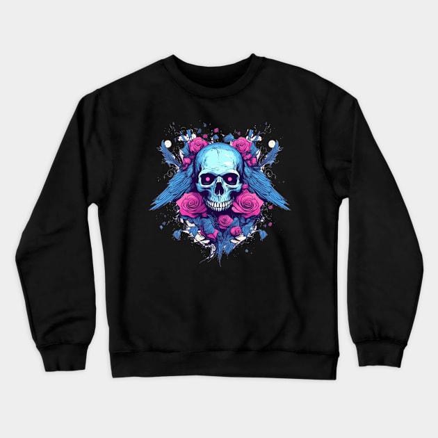 Skull with Wings and Flowers Crewneck Sweatshirt by TOKEBI